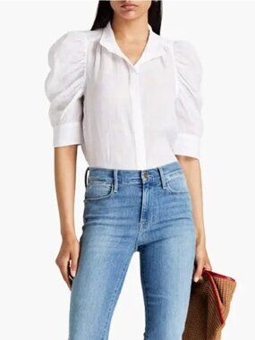 FRAME Gillian Ruched Sleeve Ramie Puff Sleeve Button Up White Top SZ S